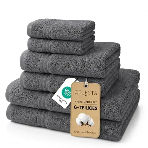 CELESTA 6-teiliges Handtücher-Set, 100 % Baumwolle, Dunkelgrau