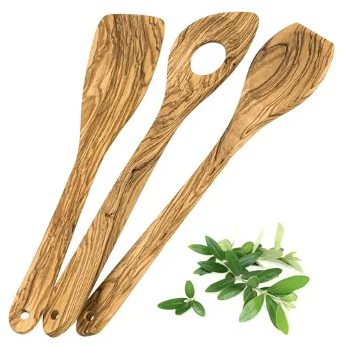 3er Set Premium Holzkochlöffel aus Olivenholz - Handgefertigtes Küchenhelfer-Set, antibakteriell und hitzebeständig