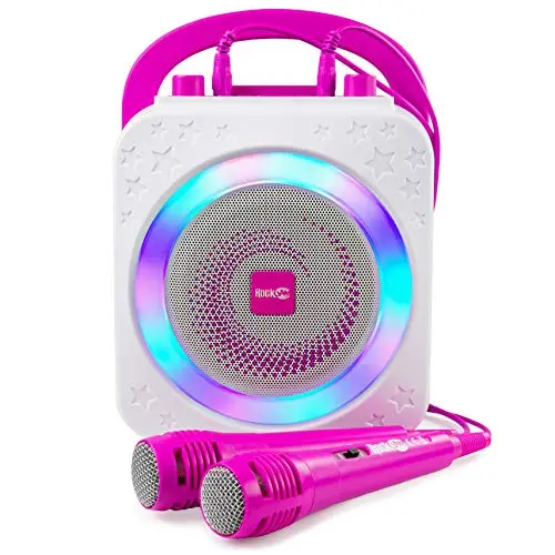 RockJam 10-Watt Bluetooth Karaoke Maschine mit 2 Mikrofonen, Voice Effekten & LED-Lichtern – Pink