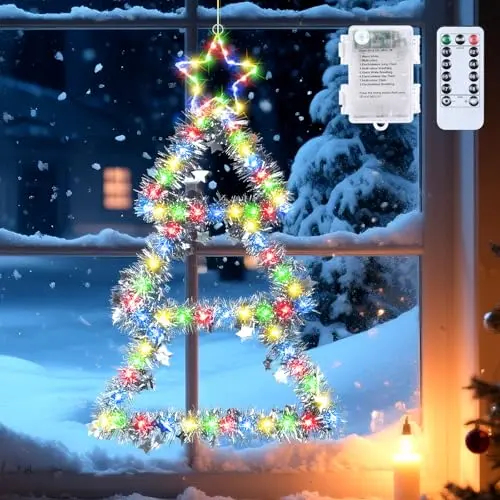 Qoosea Weihnachtsbaum Fensterbeleuchtung 110 LED Batteriebetrieben 8 Modi mit Fernbedienung für Innenbereich