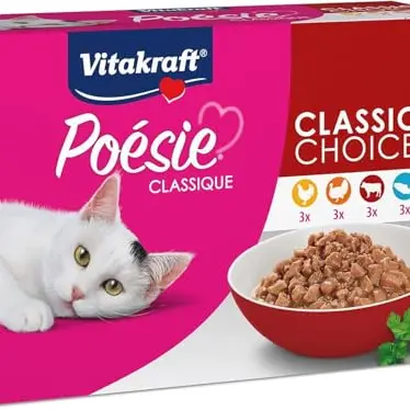 Vitakraft Poésie Classique Katzen-Nassfutter in Sauce mit Huhn, Truthahn, Rind und Lachs, 12 x 85g