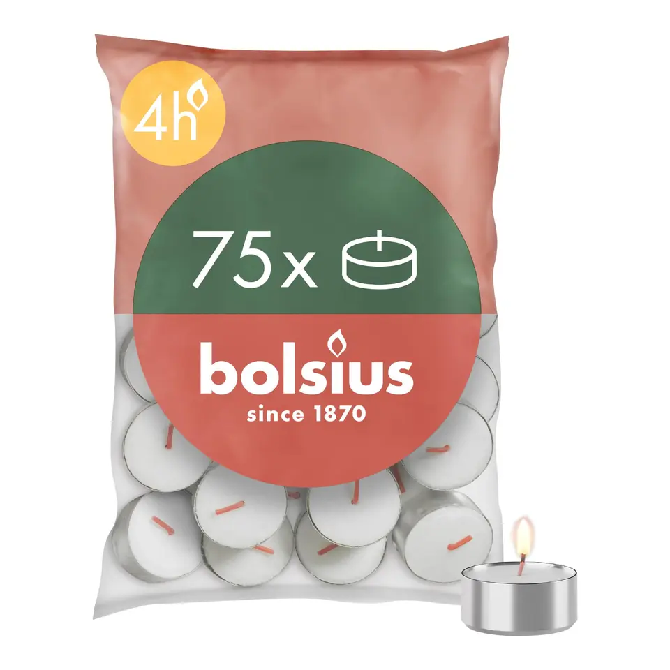 Bolsius D-light Teelichter - 75 Stück, weiß, Brenndauer 4 Std., im Beutel, ohne Palmöl, mit natürlichem Pflanzenwachs