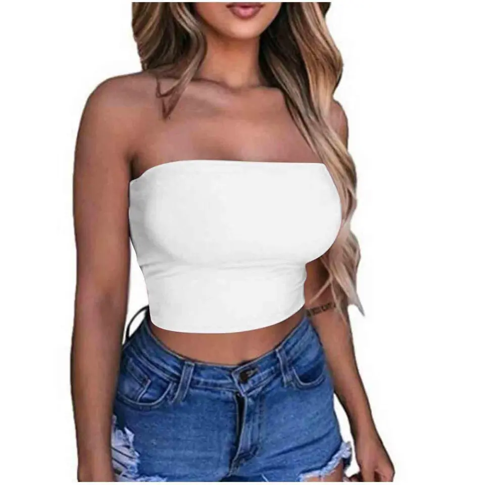 Amazon Basics Damen Bandeau Top Crop Top Sommer Y2K Style Off Shoulder Bauchfrei Weiß S
