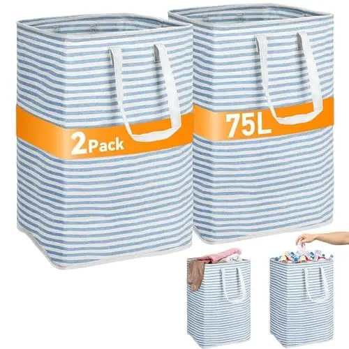 TAOPE 75L Wäschekorb und Sammelbehälter für Pfandflaschen, faltbar, wasserdicht, 2 Stück, Blau und Weiß