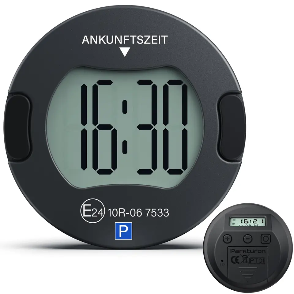 Elektronische Parkscheibe PT01 mit Zulassung, digital, mit 2 Displays & Nachtmodus (Schwarz)