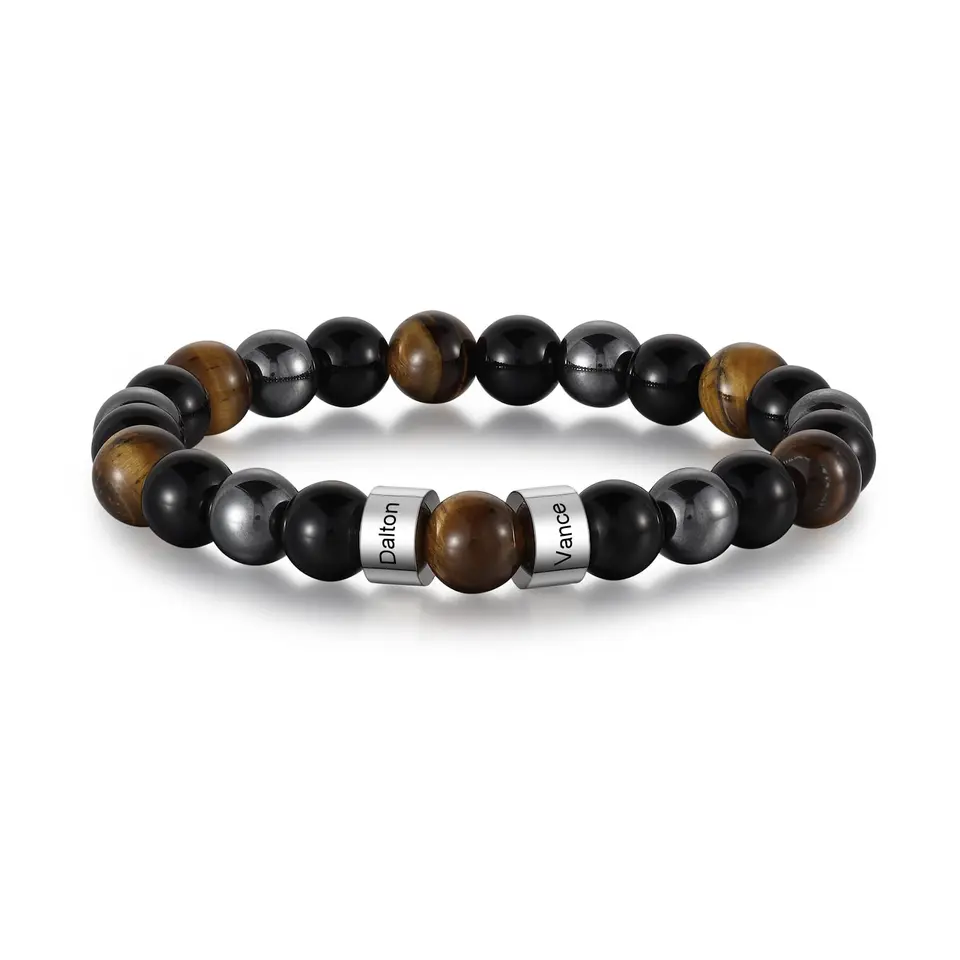 Personalisierte Herren-Perlenarmband mit graviertem Namen, elastisch, verstellbar, aus Edelstahl und Tigerauge, ideales Geschenk für Ihn, Papa, Ehemann, Vatertag oder Weihnachten