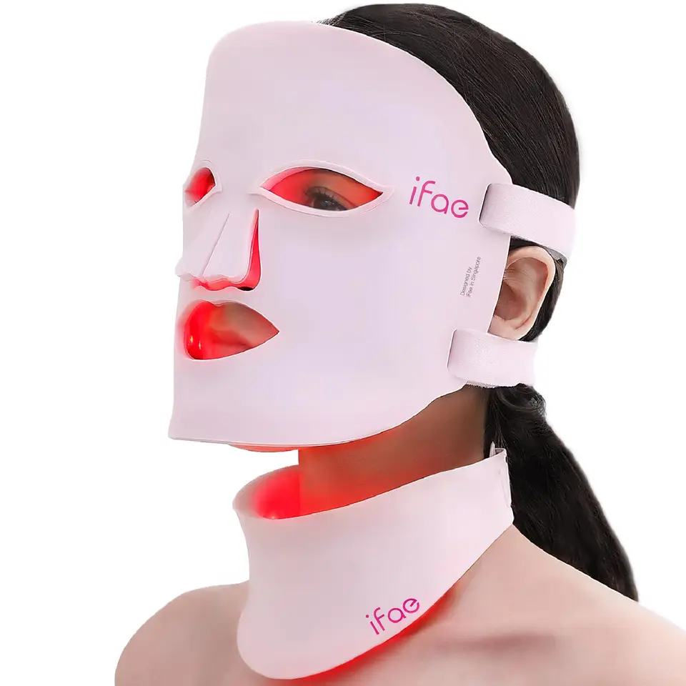 IFAe LED Gesichtsmaske, 630nm&830nm Rotlichtlampe, wiederaufladbar, ergonomisch, für Gesicht & Hals, mit Timer, in Hellrosa