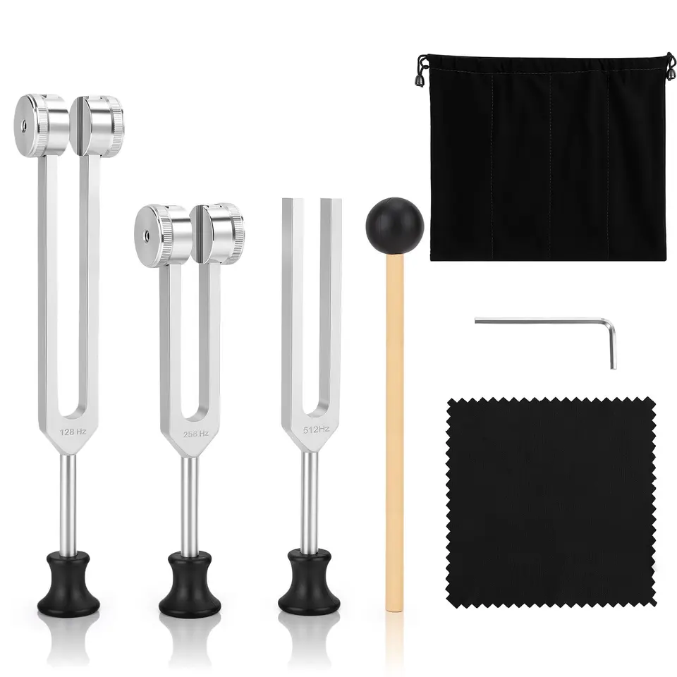 Präzisions Stimmgabel Set 128Hz, 256Hz, 512Hz aus Aluminium für Klangtherapie, Meditation & Chakra-Heilung mit Silikonschlägel und Aufbewahrungstasche