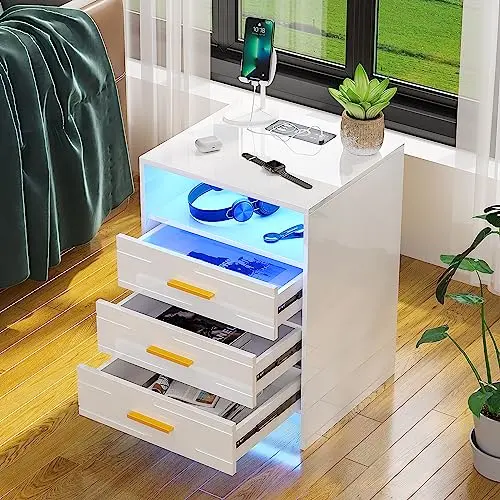 Lvifur RGB Nachtschrank mit kabelloser Ladestation und 3 Schubladen für Schlafzimmer und Wohnzimmer
