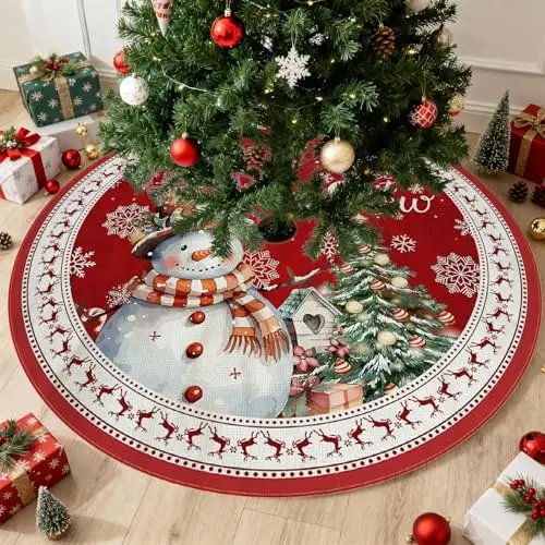 Guchuang Weihnachtsbaumdecke 120cm, runder Schneemann Baumrock in Rot für Weihnachtsfeiern und Dekoration