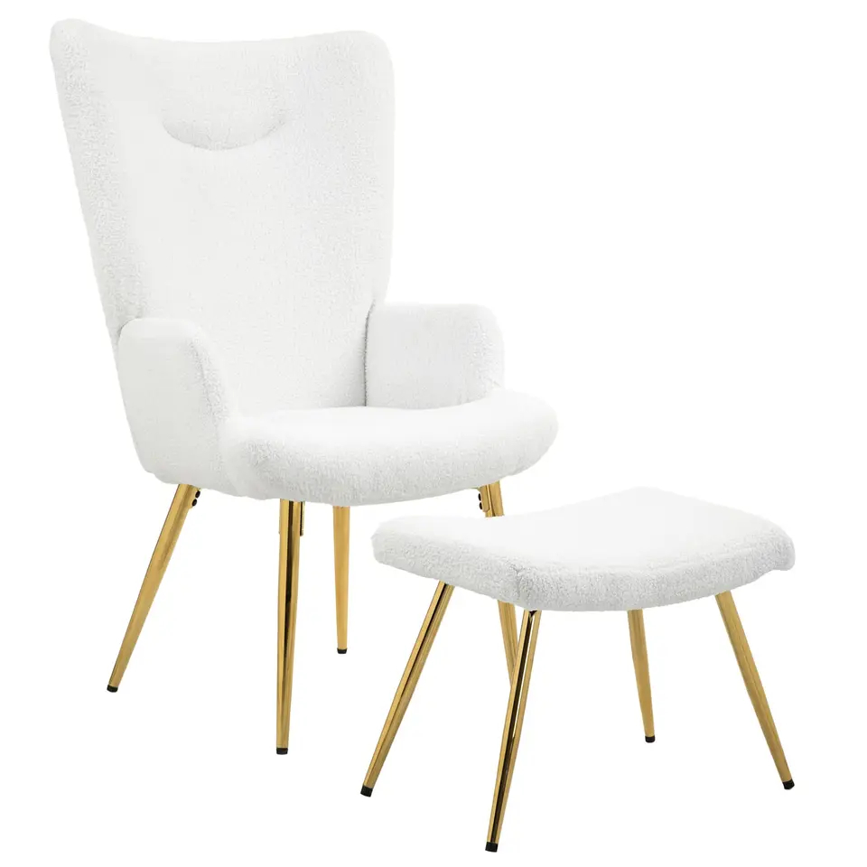 HOMCOM Ohrensessel mit Hocker, Weiß, mit hohem Rücken und Armlehnen, Loungesessel mit Stahlbeinen für Wohnzimmer und Schlafzimmer