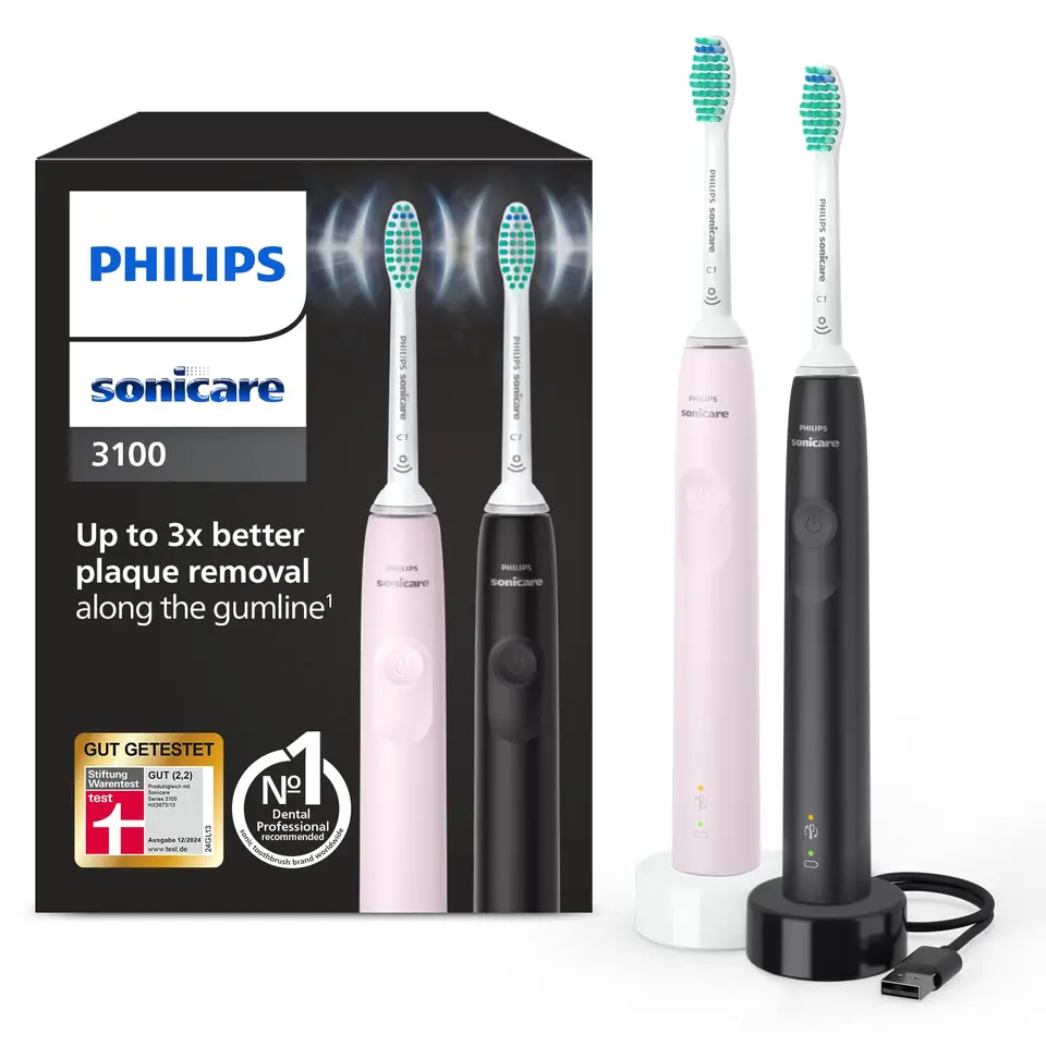 Philips Sonicare 3100 elektrische Zahnbürste, Schallzahnbürste, 2er-Pack, mit Andruckkontrolle & Timer, Sugar Rose & Schwarz