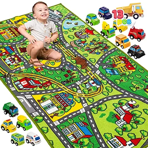 JOYIN Kinderteppich 80x150cm mit 12 Mini-Autos für Kinder ab 3 Jahren - Spielteppich Straße für Jungen und Mädchen