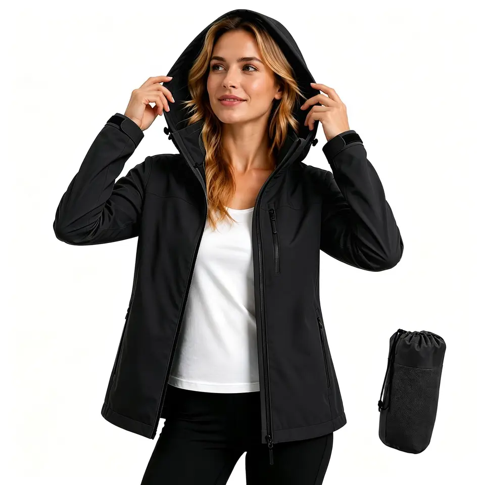 PYALT Damen Regenjacke 10.000MM wasserdicht, atmungsaktiv, leicht, mit Kapuze, winddicht, für Wandern, Reisen, Trekking, Radfahren, Schwarz, XL
