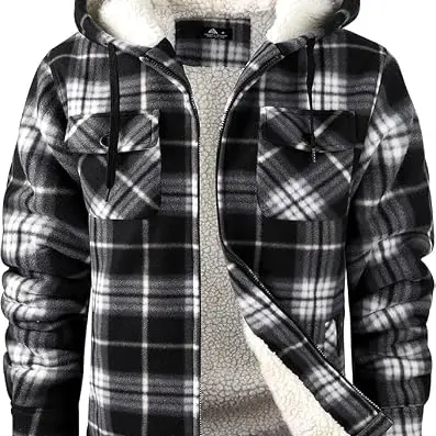 Zitysport Herren Hemdjacke gefüttert mit Kapuze - Kariert Flanellmantel in Schwarz und Weiß (XL)