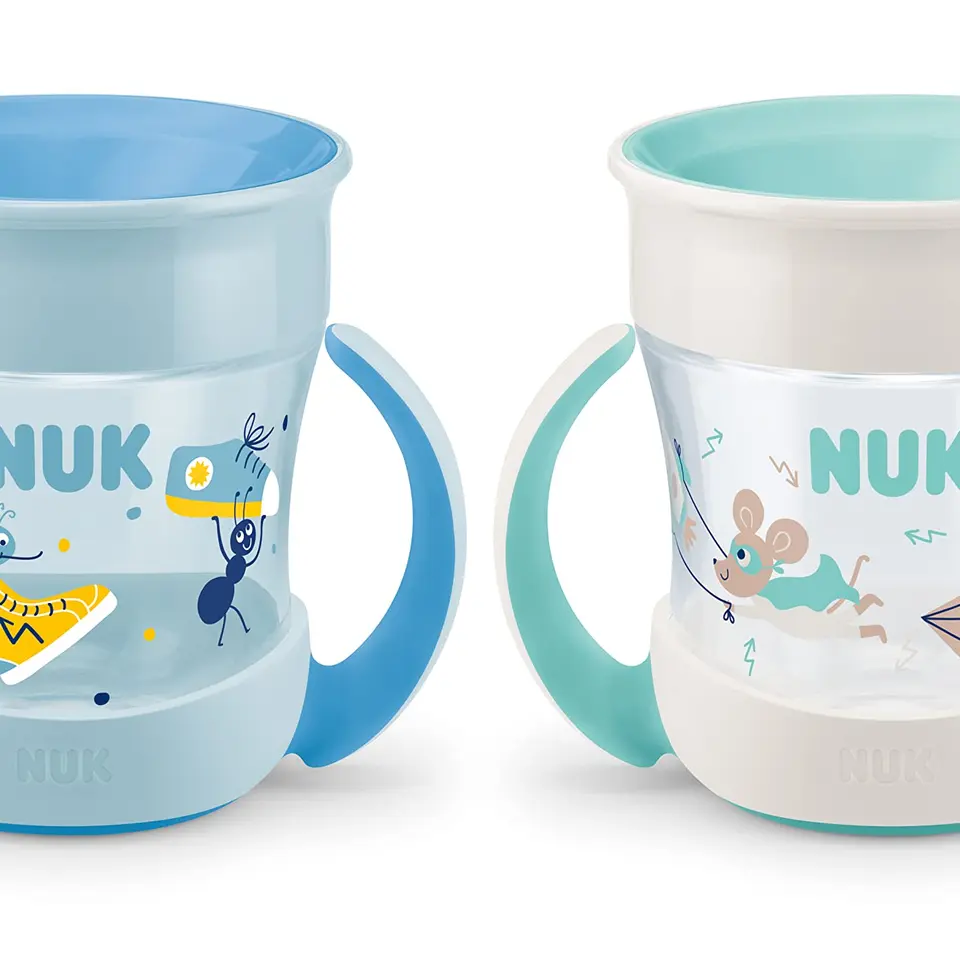 NUK Mini Magic Cup Trinklernbecher, 160 ml, auslaufsicherer 360°-Trinkrand, ab 6 Monaten, mit Griffen, 2 Stück