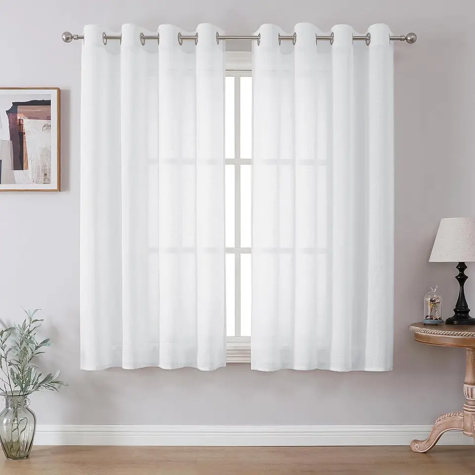 CUCRAF Leinenoptik Weiße Voile Vorhänge 2er Set, 160 x 140 cm, halbtransparent für Schlafzimmer & Wohnzimmer