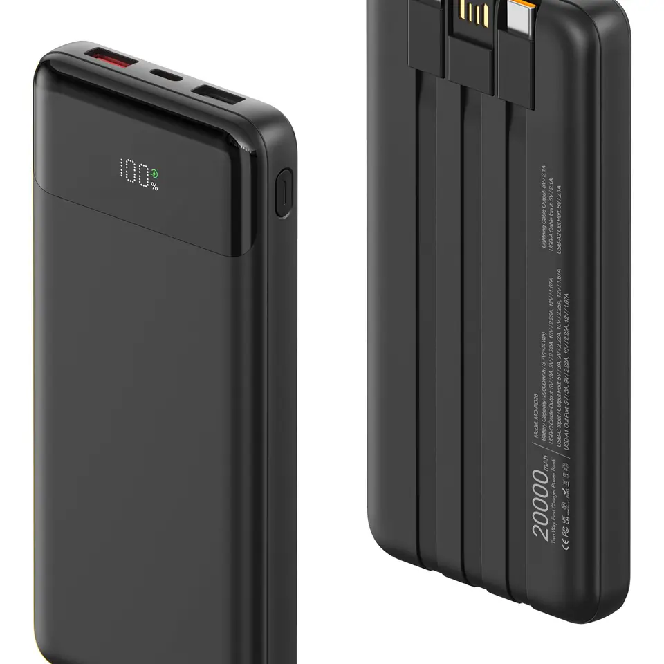 Powerbank 20000 mAh mit 3 Kabeln, 22,5 W Schnellladung, USB-C, für iPhone, Samsung & mehr