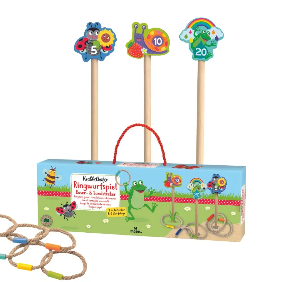 Moses: Krabbelkäfer Ringwurfspiel mit Holzsteckern & Wurfringen für draußen, Geschicklichkeitsspiel für Kinder ab 3 Jahre
