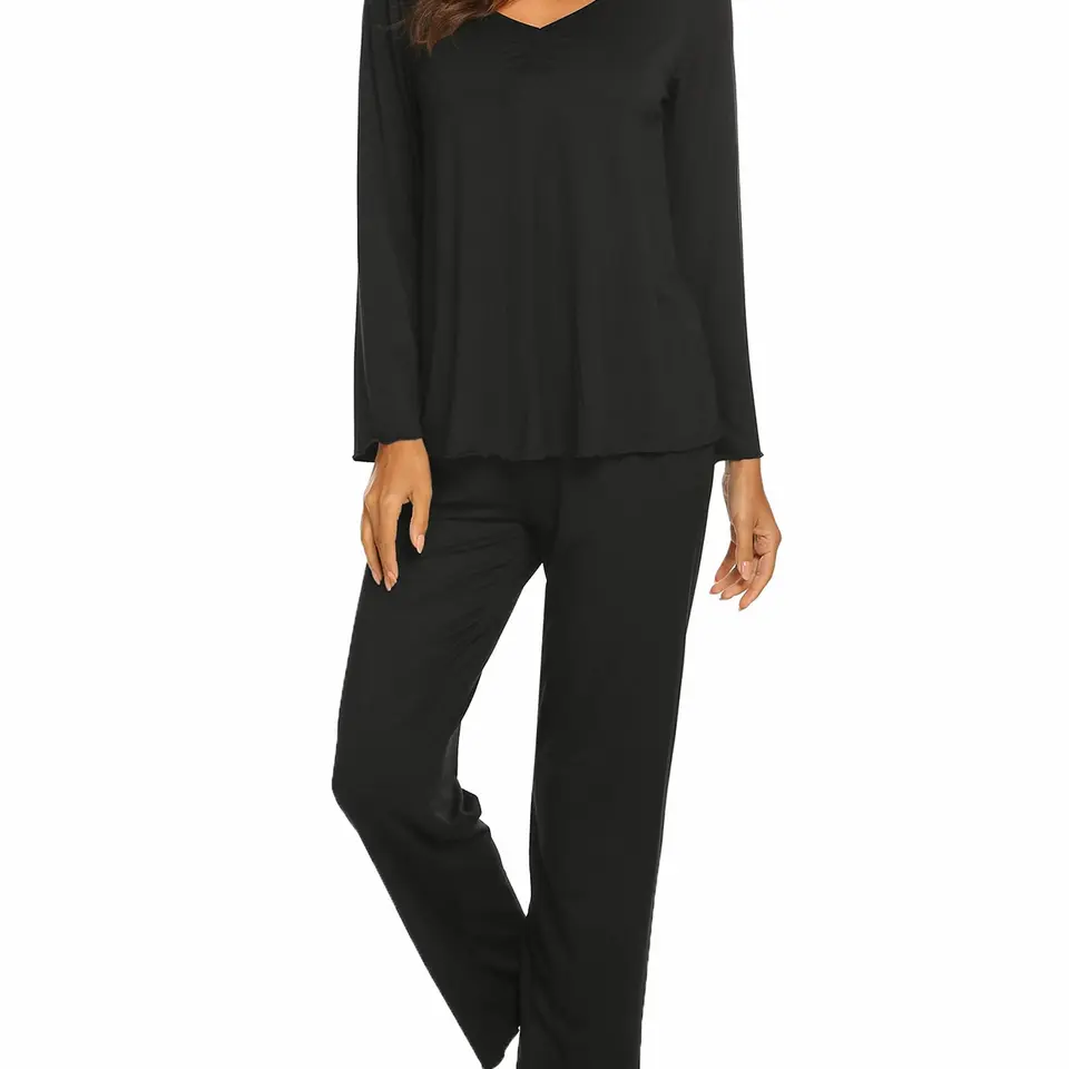 Ekouaer Damen Schlafanzug Lang Pyjama Set Zweiteiler, Kuschelig, Komfortabel, Schwarz, M