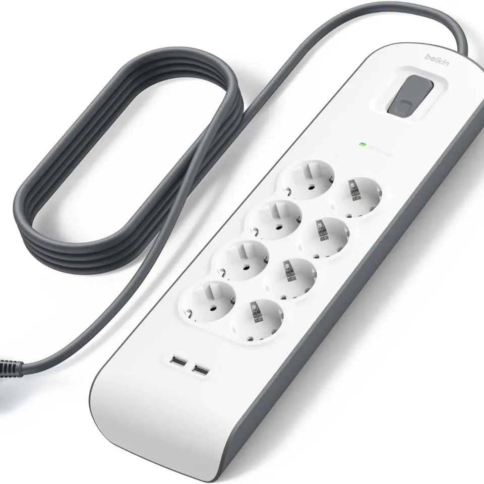 Belkin 8-fach Steckdosenleiste mit USB-Anschlüssen und Überspannungsschutz, 2m Kabel für Zuhause und Büro
