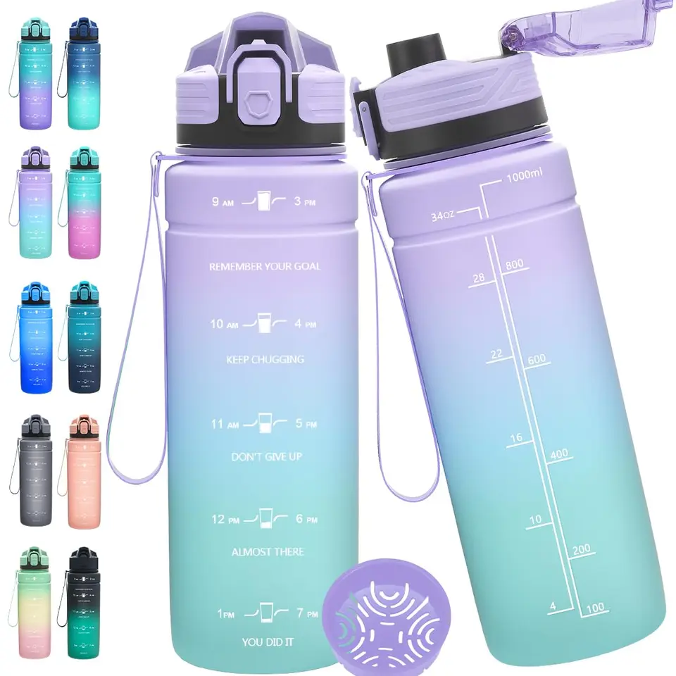 Expansea Trinkflasche 1L/500ml/700ml/1500ml, BPA-freie Tritan Sportflasche auslaufsicher mit Zeitmarkierung für Fitness, Fahrrad, Outdoor, Yoga, Gym, Schule