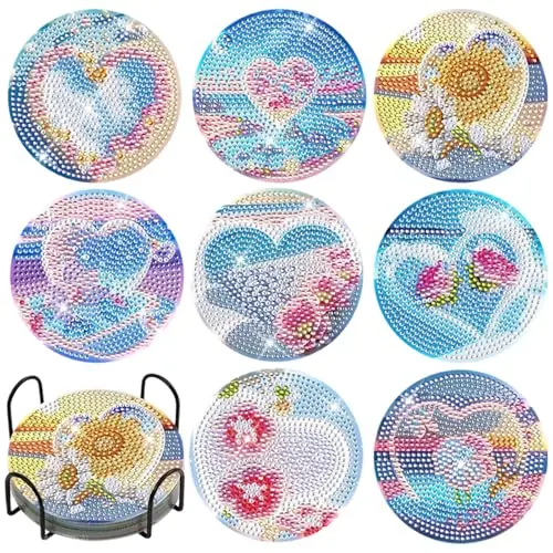 8 Stücke Diamant Malerei Untersetzer Set mit Halter - 5D Rund Mosaik für Geschenke & Urlaubsdekor (Herz)