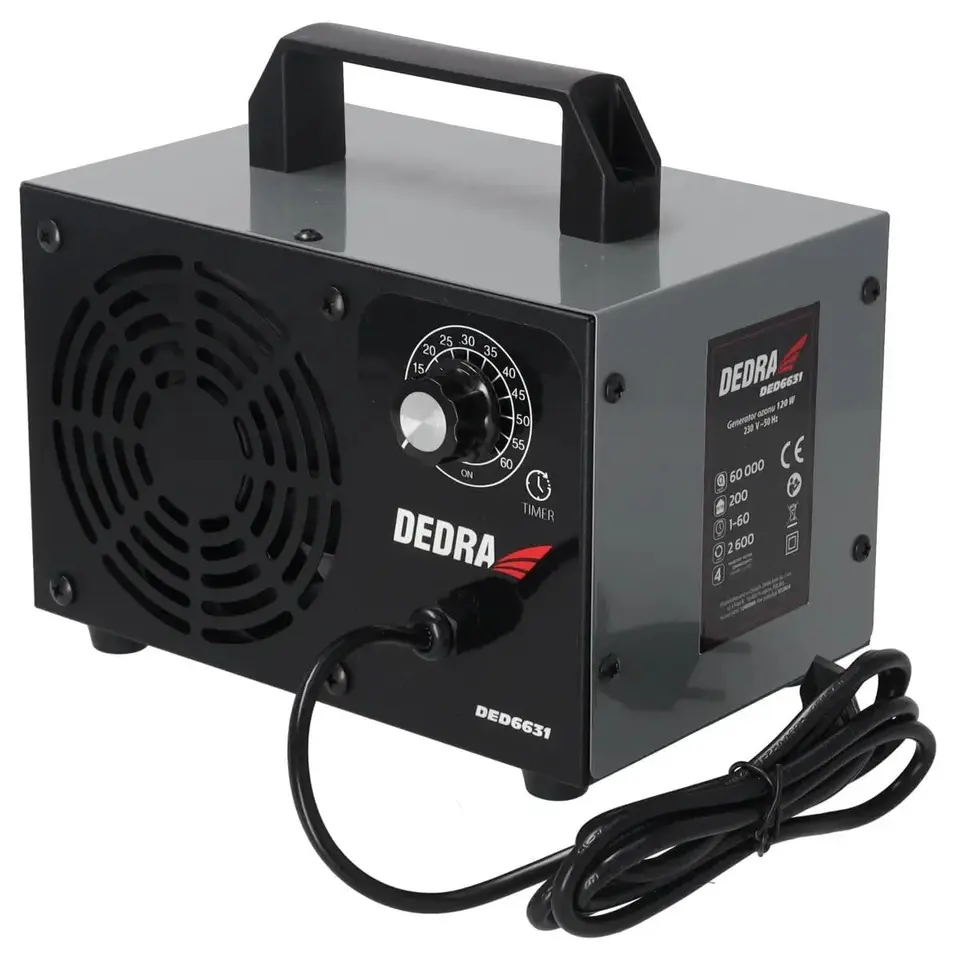 Ozon-Generator DEDRA 60000mg/h, 120W, Timer 1-60 Min, Beseitigt Gerüche & Desinfiziert, Luftdurchsatz 200m³/Std, Mit 4 ozonerzeugenden Platten