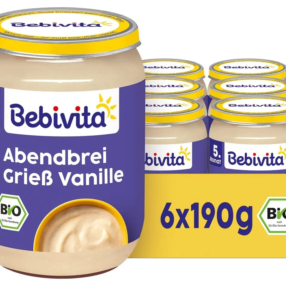 Bebivita Bio Abendbrei Grieß Vanille (6 x 190g), ab 5. Monat, ohne Zuckerzusatz, gut sättigend