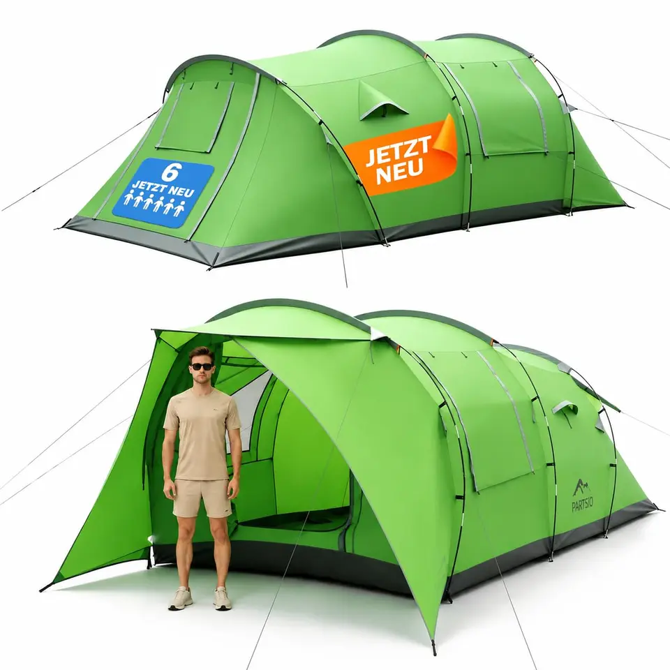 Zelt für 6-7 Personen, wasserabweisend, Stehhöhe, Fliegengitter, Sonnendach & Privatsphäre-Trennvorhang – ideal für Camping & Festivals