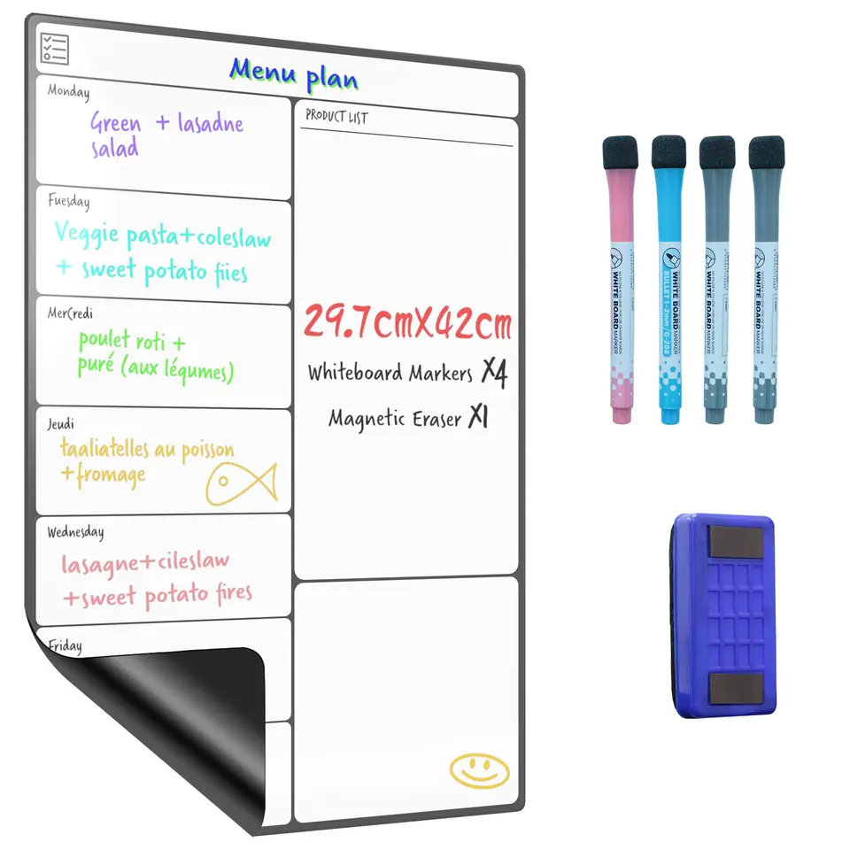 SURFOU Whiteboard Magnetisch Für Kühlschrank A3 mit 4 Markern & Radierer, Selbstklebend, Wochenplaner, Menü- und Einkaufsliste