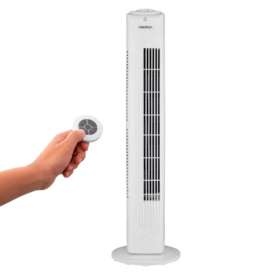 MEDION E11 TF Turmventilator mit Fernbedienung, 3 Geschwindigkeiten, leiser Schlafmodus, 60° Oszillation, Timer, weiß