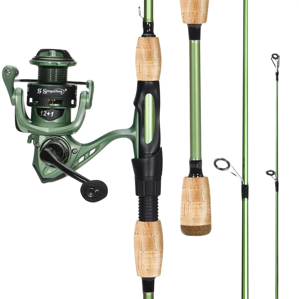 Sougayilang Angelrute mit Spinning Reel, 1,8 m, Graphit, Edelstahlführer, 2-teilige Combo