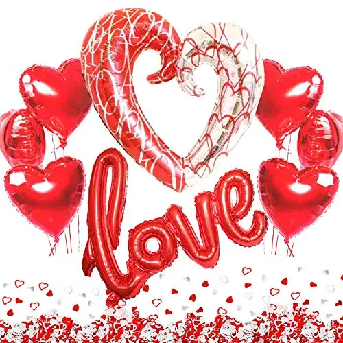 XXL Valentinstag Deko Set - Rote Herz Folienballons und Konfetti für romantische Atmosphäre