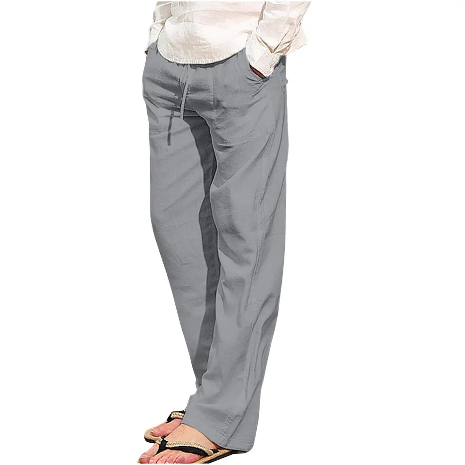UHouse Leinenhose Herren Sommer Baumwolle Gummizug, bequem & leicht, Strand- & Freizeithose, Grau, XL
