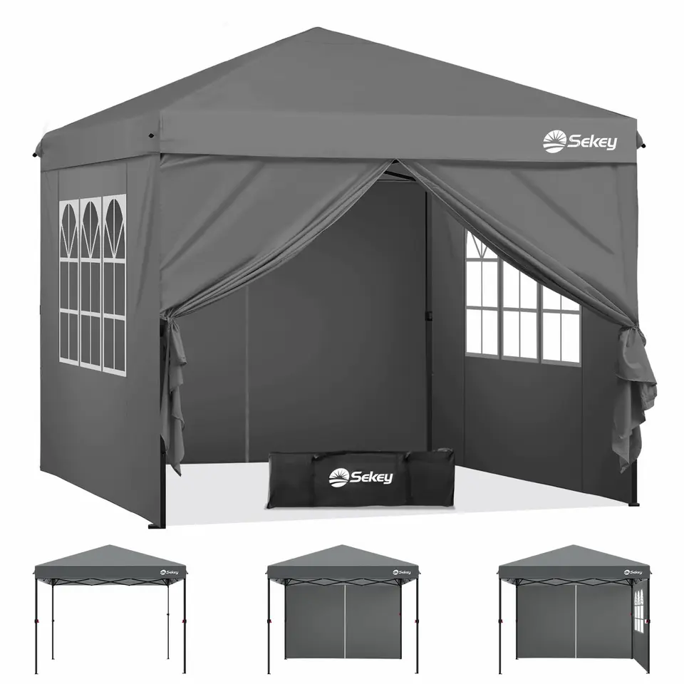 Sekey Pop Up Pavillon 3x3 m, wasserdicht, faltbar, mit Seitenwänden, höhenverstellbar 250-270 cm, Premium Anthrazit