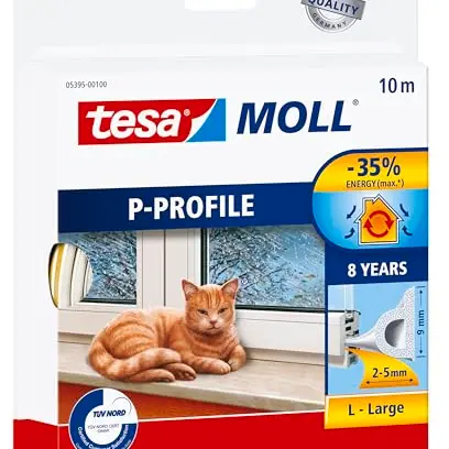 tesamoll P-Profil Gummidichtung - Selbstklebende Dichtung für Fenster und Türen - Weiß - 10 m