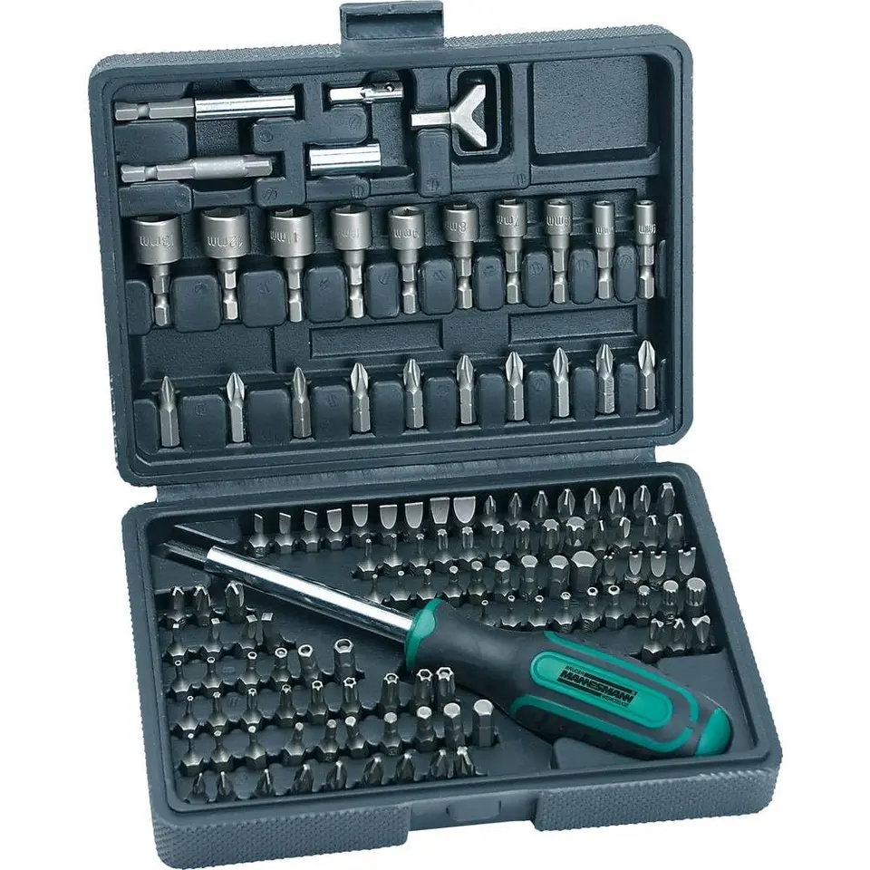 Brüder Mannesmann Bitsatz 122-tlg. mit ergonomischem Griff, aus Chrom-Vanadium-Stahl, kompatibel mit Akkuschraubern, inkl. Aufbewahrungsbox