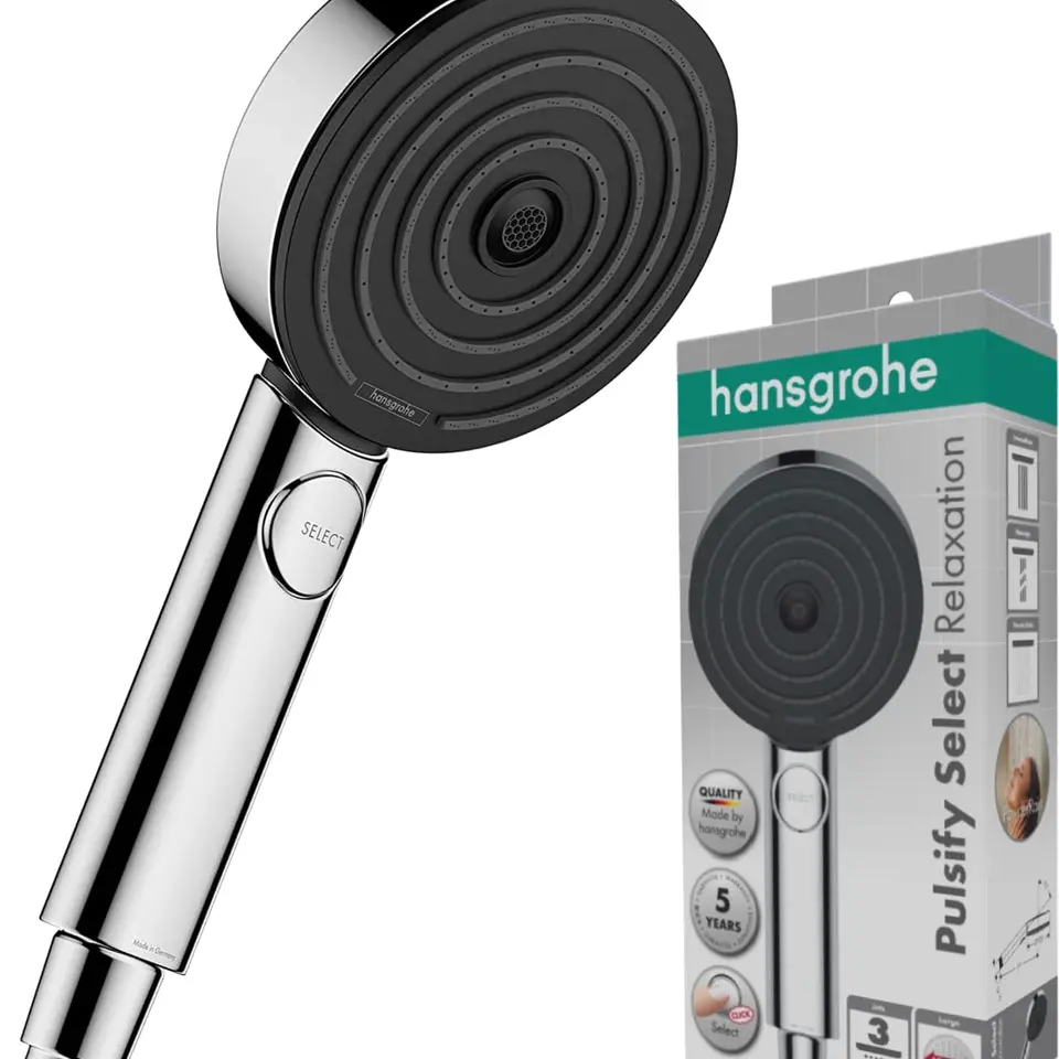 hansgrohe Pulsify Select S - Duschkopf, Handbrause mit 3 Strahlarten, runde Chrom-Duschbrause (⌀ 105 mm), Antikalk-Funktion