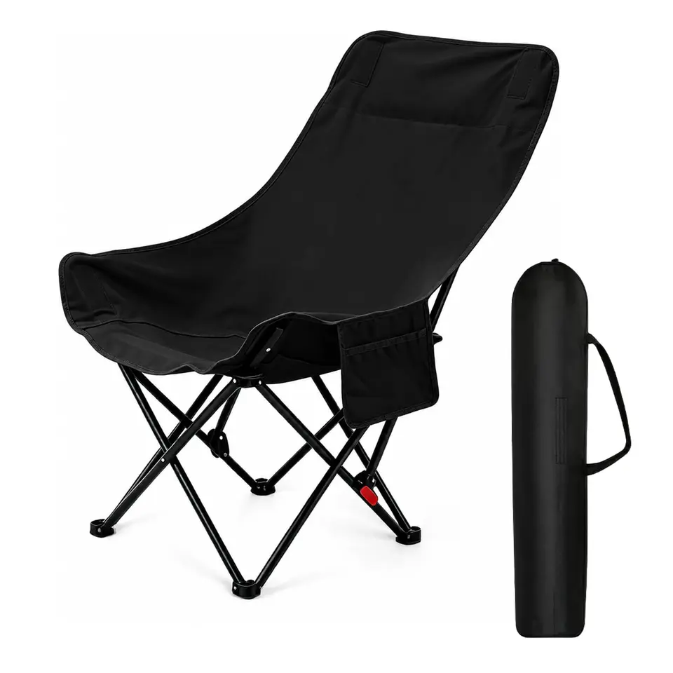 WIBELRYUSN Campingstuhl Hochlehner, faltbar, 150 kg, Stahlrahmen, klappbar, mit 2 Seitentaschen, Outdoor & Balkon (Schwarz)