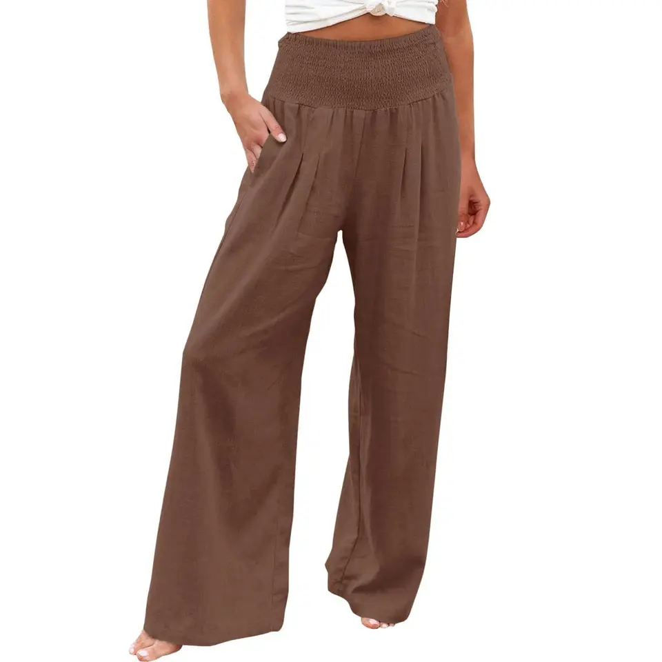 Damen Leinenhose Baumwolle Sommerhose Freizeitmode Hochkrempel, mit Taschen, High Waist, Stretch, Casual, einfarbig, M