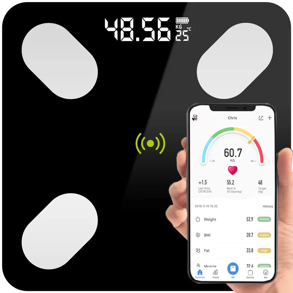 Retoo Digital Bluetooth Körperfettwaage mit App, gehärtetem Glas, Muskel-, Fett- und Wasseranalyse, BMI, Skelettmuskel, BMR, Schwarz