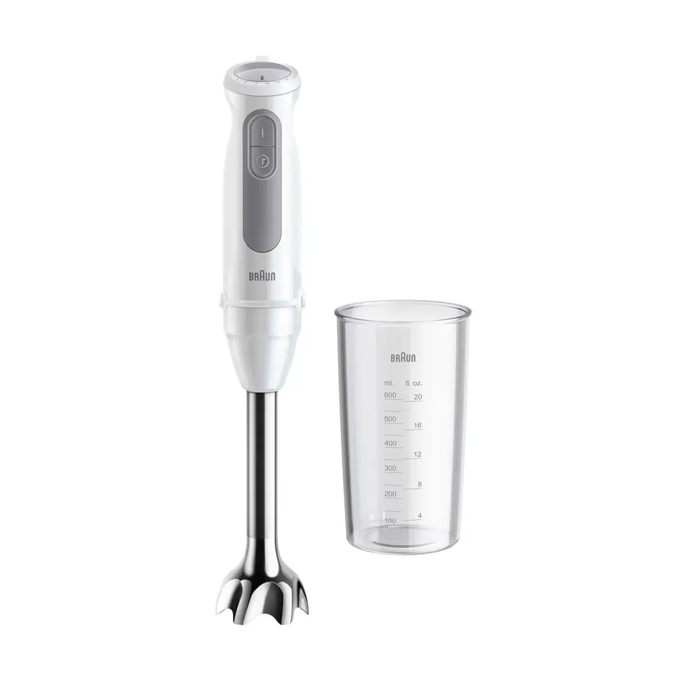 Braun Stabmixer MultiQuick 5 MQ 50001 M, 1000W, 21 Geschwindigkeiten + Turbo, Edelstahl, Inkl. 600ml Becher, Weiß