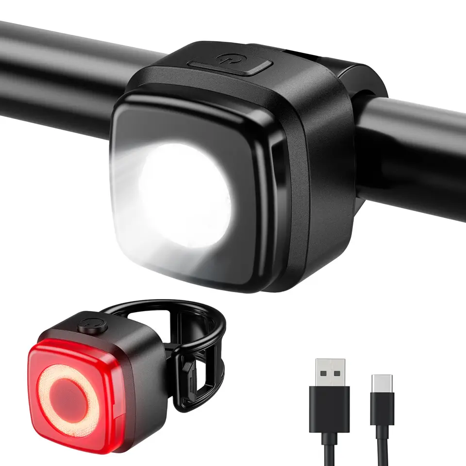 OnMeto Fahrradlicht Set, IPX5 wasserdicht, USB Type-C wiederaufladbar, Front- & Rücklicht, Schwarz