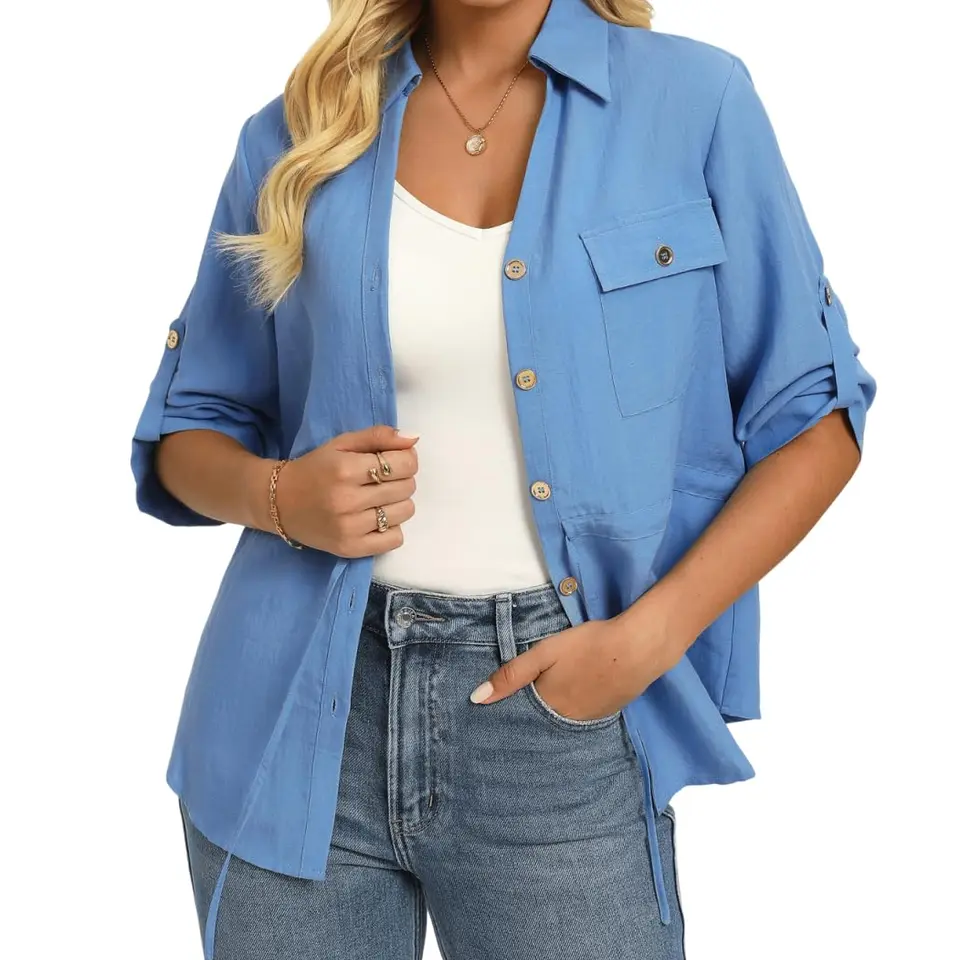GRACE KARIN Damen Sommer V-Ausschnitt Bluse mit 3/4-Ärmeln, Lockerer Passform, Casual Lyocell-Leinen, Tunika Top, Blau, Größe S