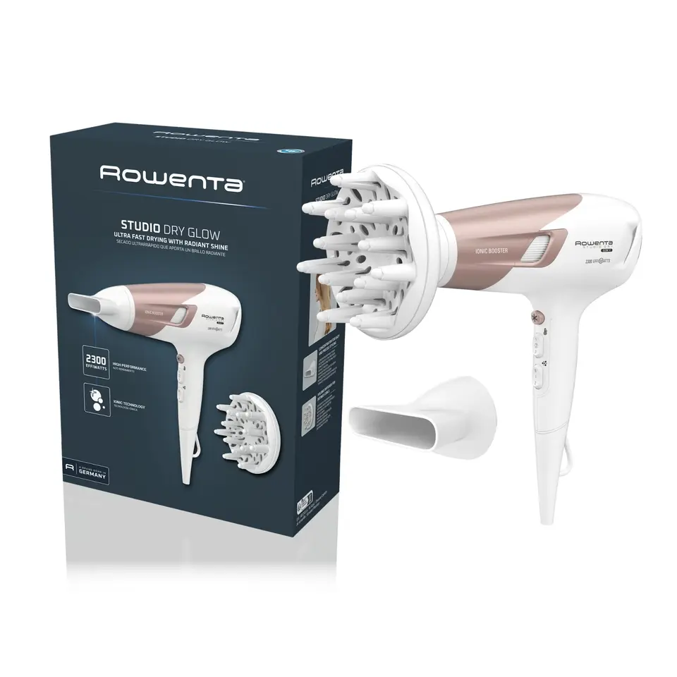 Rowenta Studio Dry Glow Haartrockner, 2100W, mit Diffusor, 3 Temperaturstufen, Ionenfunktion, Kaltluft, weiß/roségold
