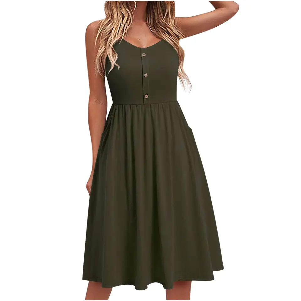 Yageshark Damen Sommerkleid, einfarbig, Spaghetti, Knielang, A-Linien, Swing, Knopf, Midikleid, Grün, Small