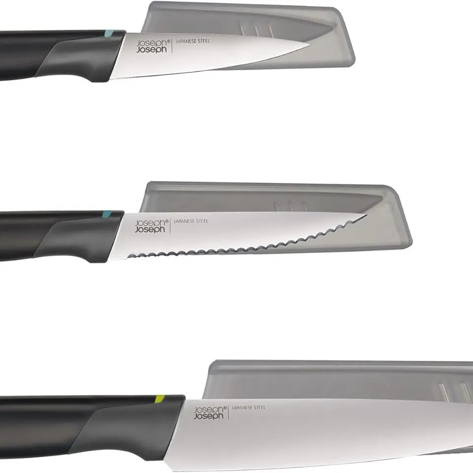 Joseph Joseph Duo 3-tlg. Elevate Messerset, Gemüsemesser, Wellenschliffmesser und Kochmesser, Schwarz/Opal