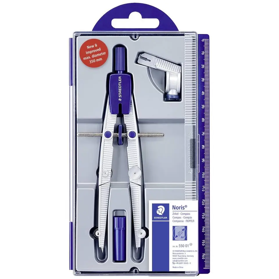 STAEDTLER Noris Club 550 01 Zirkel, Schulzirkel mit Schnellverstellung, Set mit Universaladapter und Ersatzminen, stabiles Etui, silber/blau