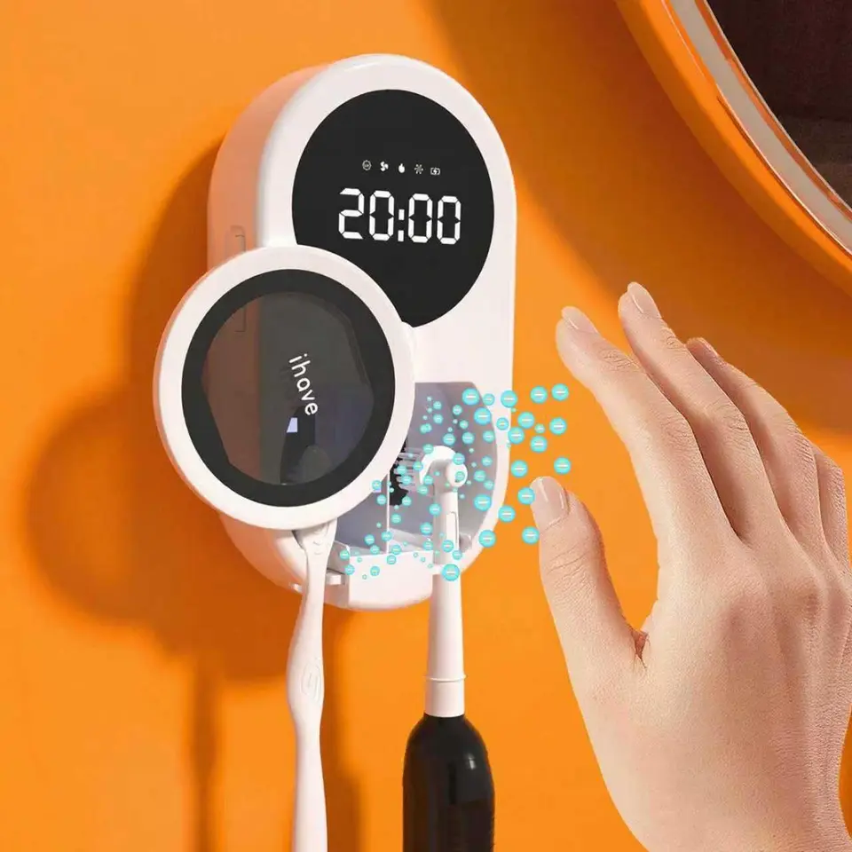 iHave UV Zahnbürstenhalter Wand mit UVC-Licht & 100 Mio. Negativionen, automatische Desinfektion alle 4 Std., mit LED, Heizung, Ventilator & USB
